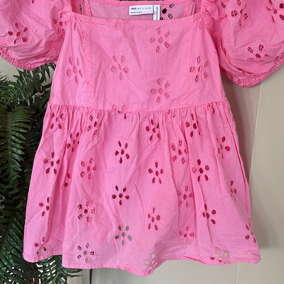 ASOS Bubblegum Pink Eyelet Puff Sleeve Top Ruffle Barbiecore 100% Cotton - Picture 3 of 14